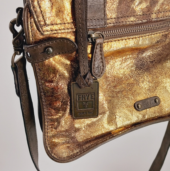 FRYE Cameron Metallic Gold, Copper & Brown Leather Small Satchel Crossbody Bag - Picture 12 of 15